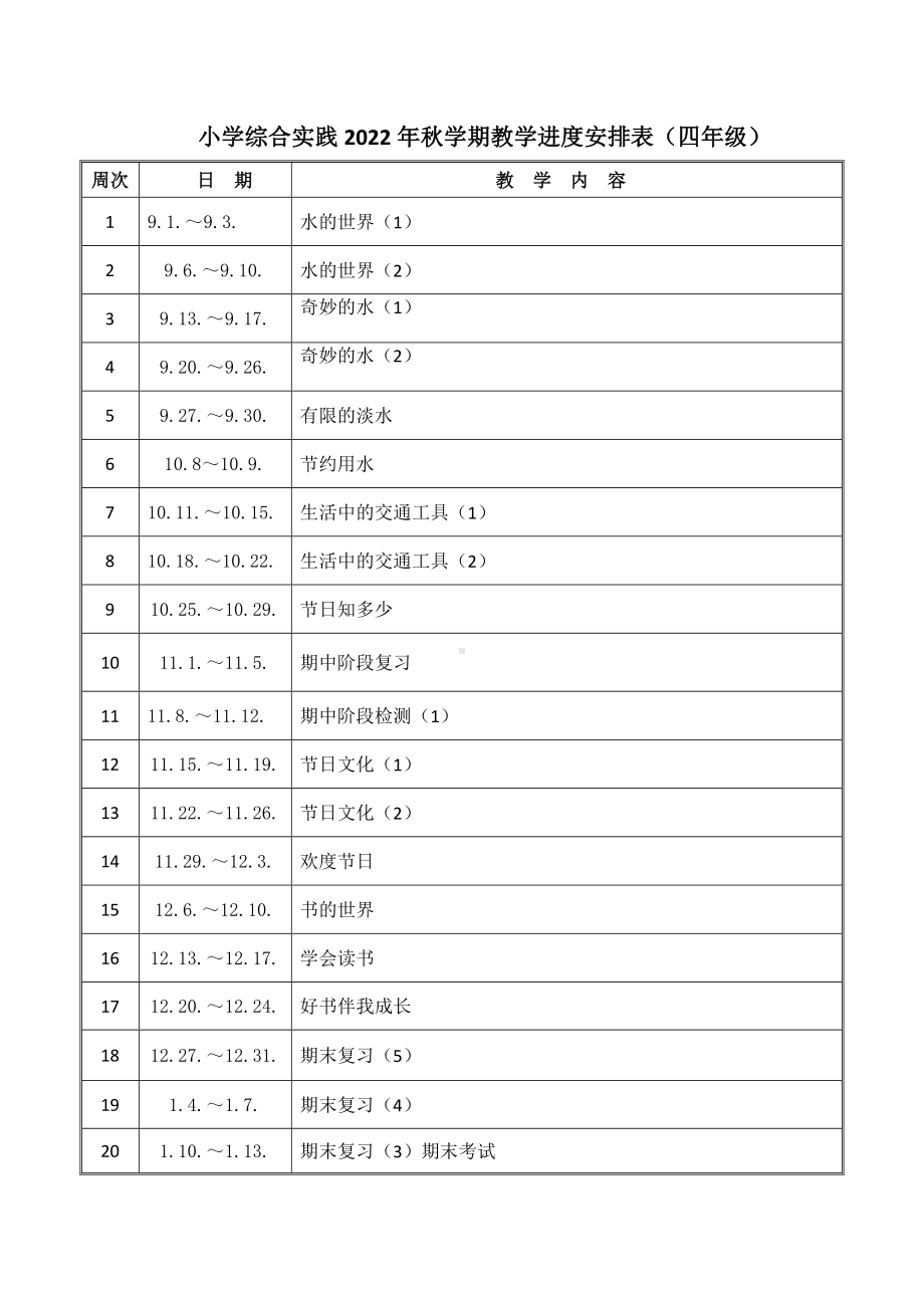 2022-2023综合实践活动四年级上册教学进度安排表及全一册教案.docx_第2页