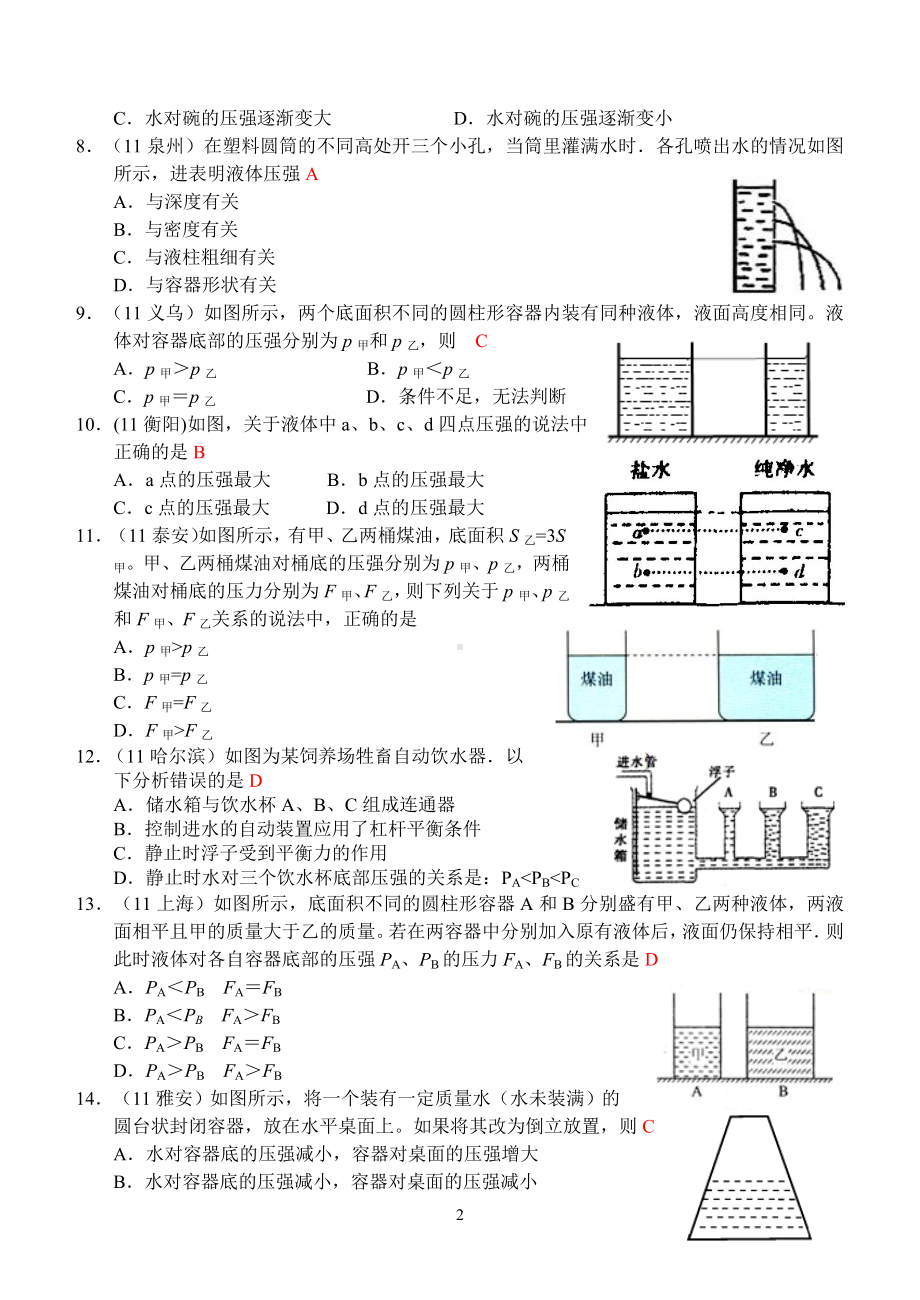 物理：人教版8年级下册全册分节练习及答案第9章第2节：液体的压强.doc_第2页