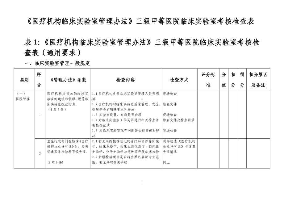 《医疗机构临床实验室管理办法》三级甲等医院临床实验室考核检查表参考模板范本.doc_第1页