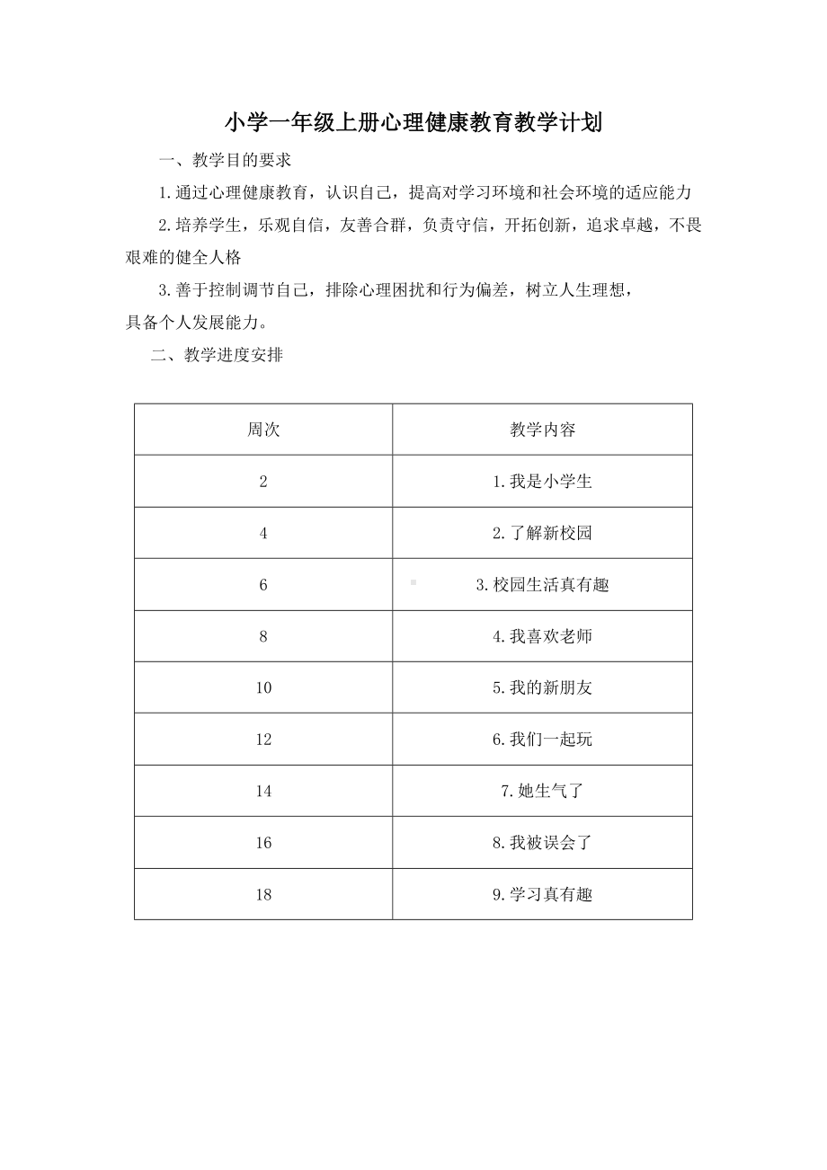 小学一年级上册心理健康教育教学计划及教案.docx_第1页