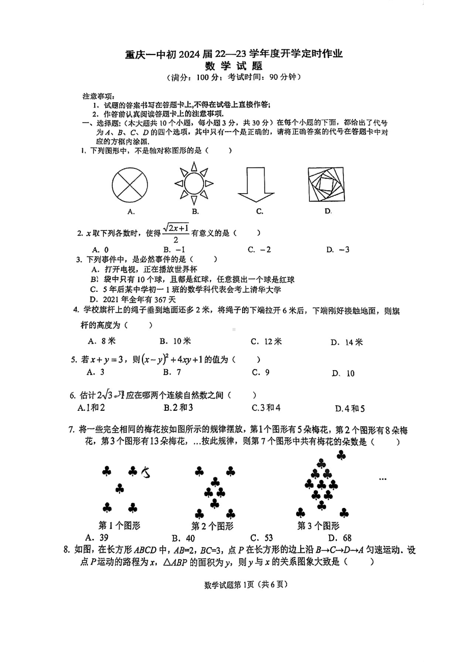 重庆市第一 2022-2023学年八年级上学期数学入学测试卷.pdf_第1页