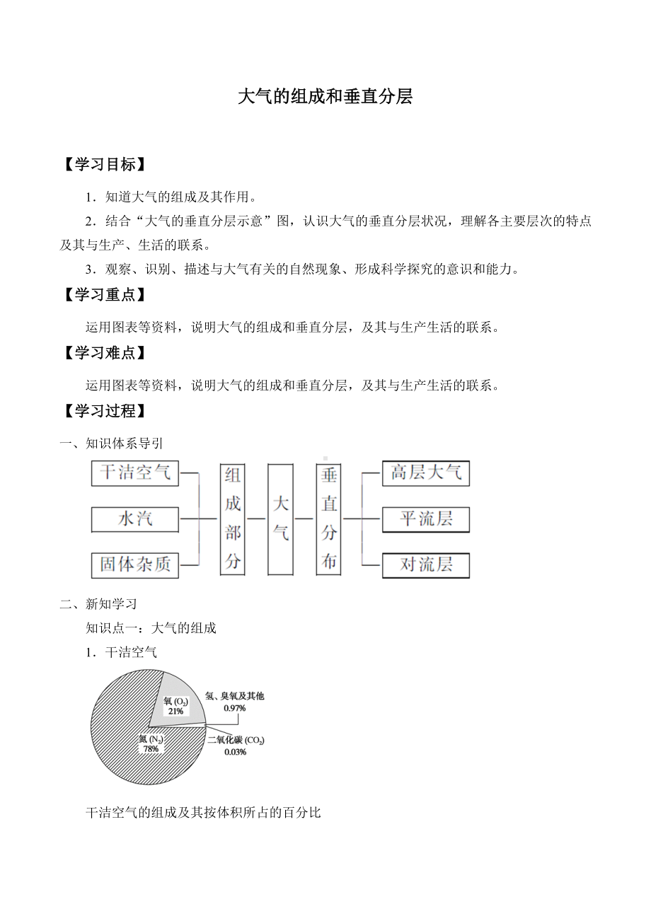 高中地理必修一第二章 地球上的大气(学案)大气的组成与垂直分层.docx_第1页