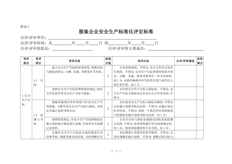 服装企业安全生产标准化评定标准参考范本.doc_第1页