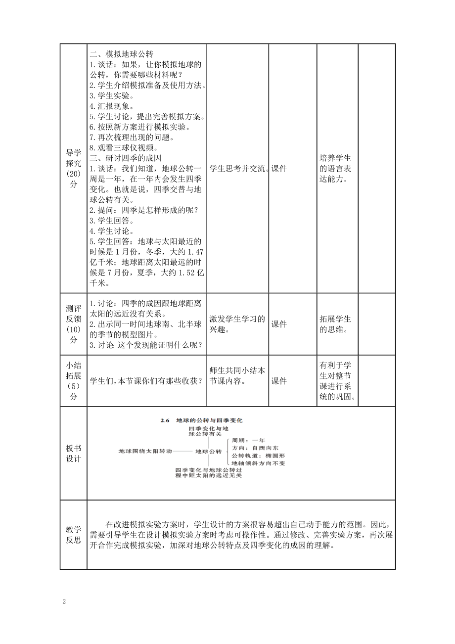 新教科版2022-2023六年级上册科学第2单元第6课《地球的公转与四季变化》教案.doc_第2页