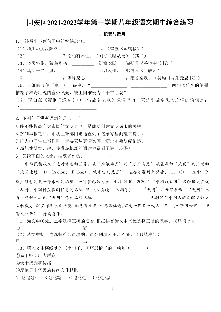 福建省厦门市同安区2021-2022学年八年级上学期期中综合练习语文试题.pdf_第1页