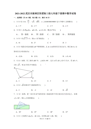 武汉市新洲区阳逻街三校2021-2022七年级初一下学期期中数学试卷+答案.docx