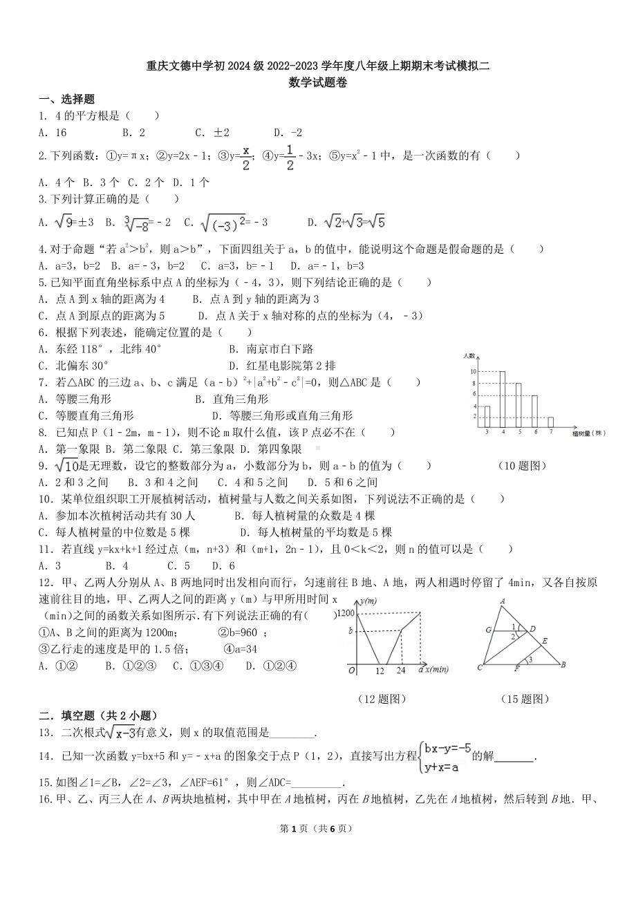 重庆市文德中学2022-2023学年八年级上学期期末模拟试卷二.pdf_第1页