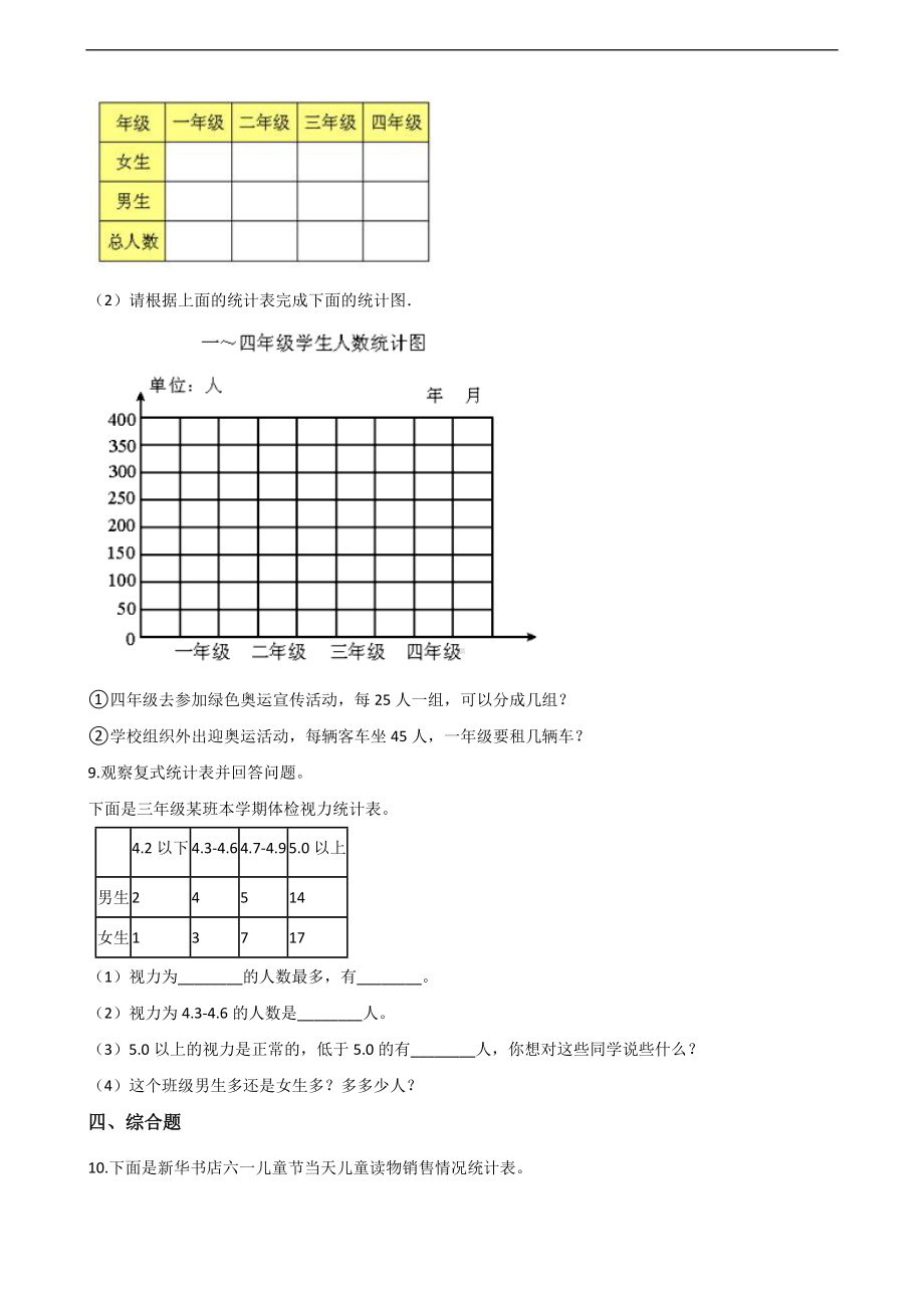 四年级上册数学一课一练-4.统计表和条形统计图（一） 苏教版 （含答案）.docx_第3页