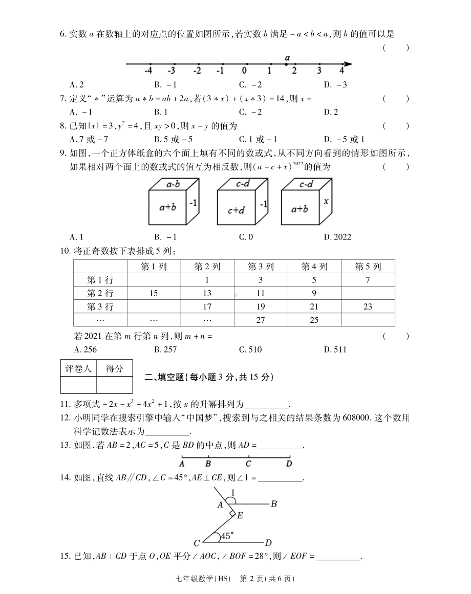 河南省新乡市辉县市高庄中心学校2022-2023学年七年级上学期期末数学试卷.pdf_第2页