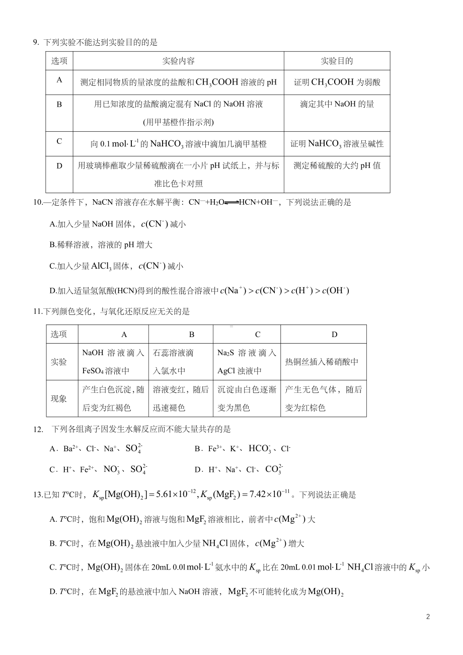 上海市市西 2022-2023学年 高二上学期化学期末试题.pdf_第2页