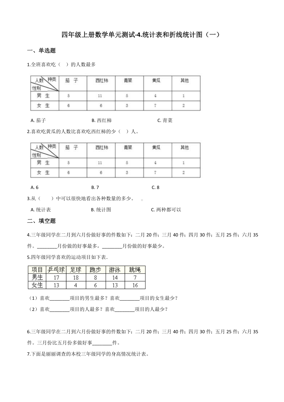 四年级上册数学单元测试-4.统计表和折线统计图（一） 苏教版 （含解析）.docx_第1页