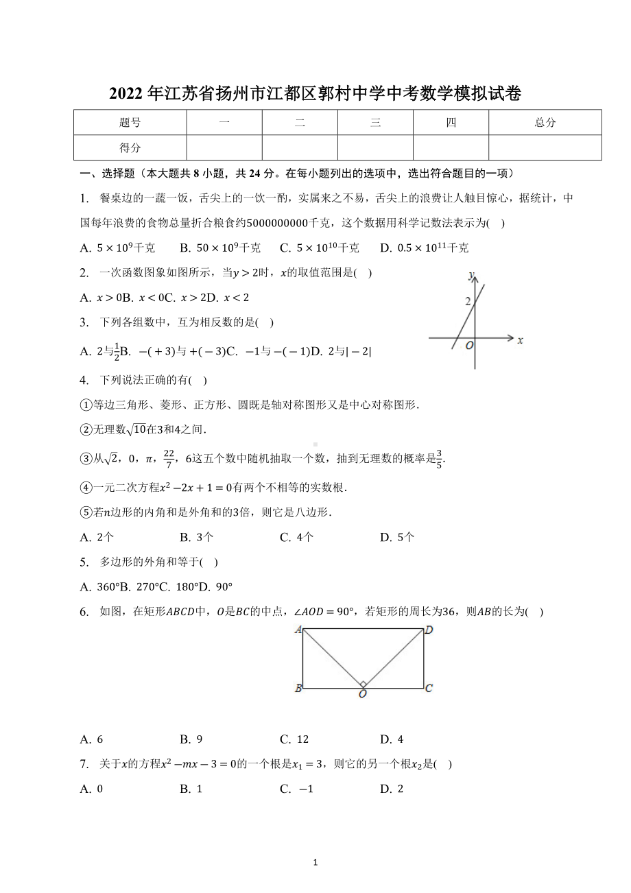 2022年江苏省扬州市江都区郭村中学中考数学模拟试卷.docx_第1页