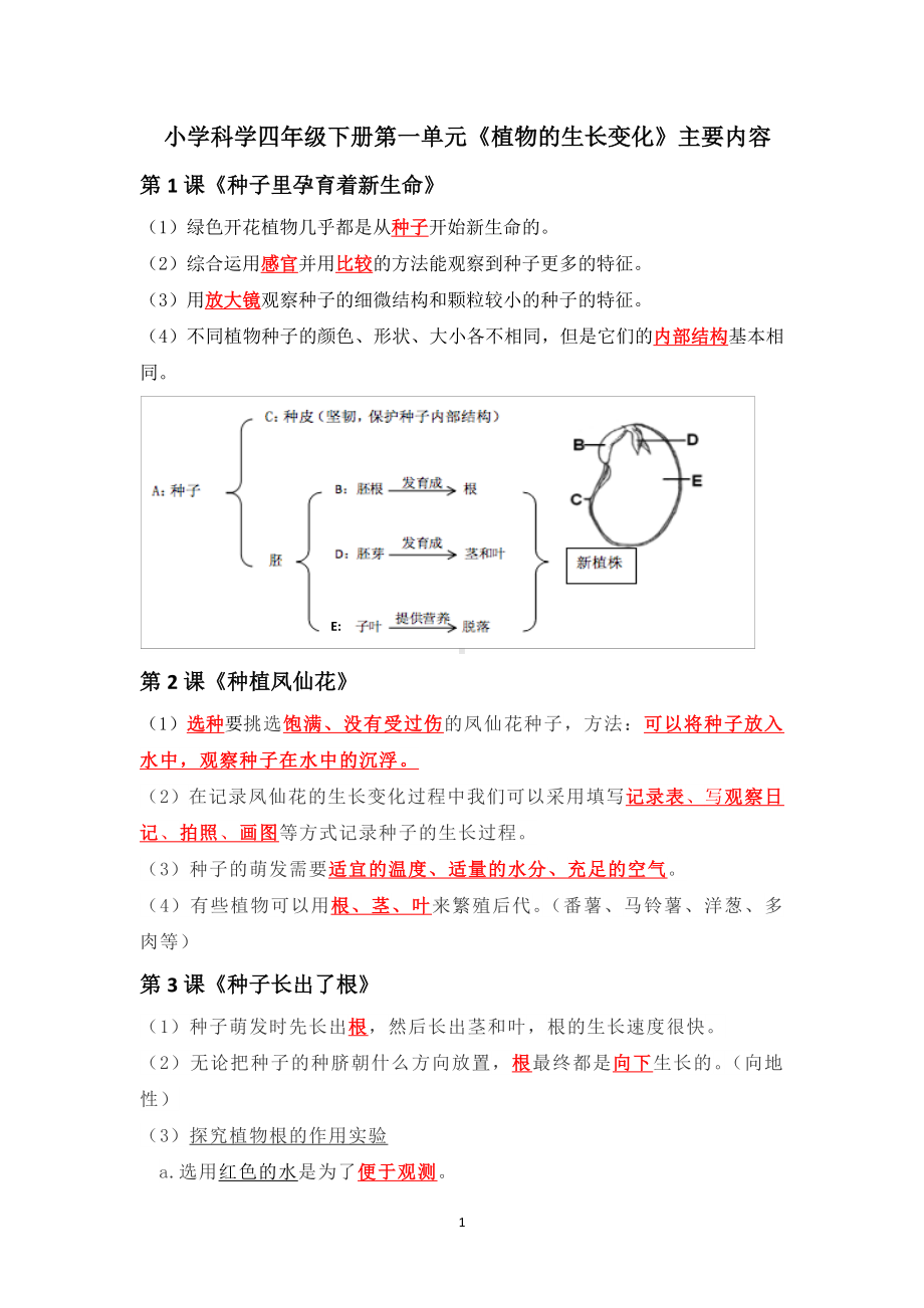 2023新教科版四年级下册《科学》第一单元《植物的生长变化》复习资料（知识点、实验和练习）.docx_第1页