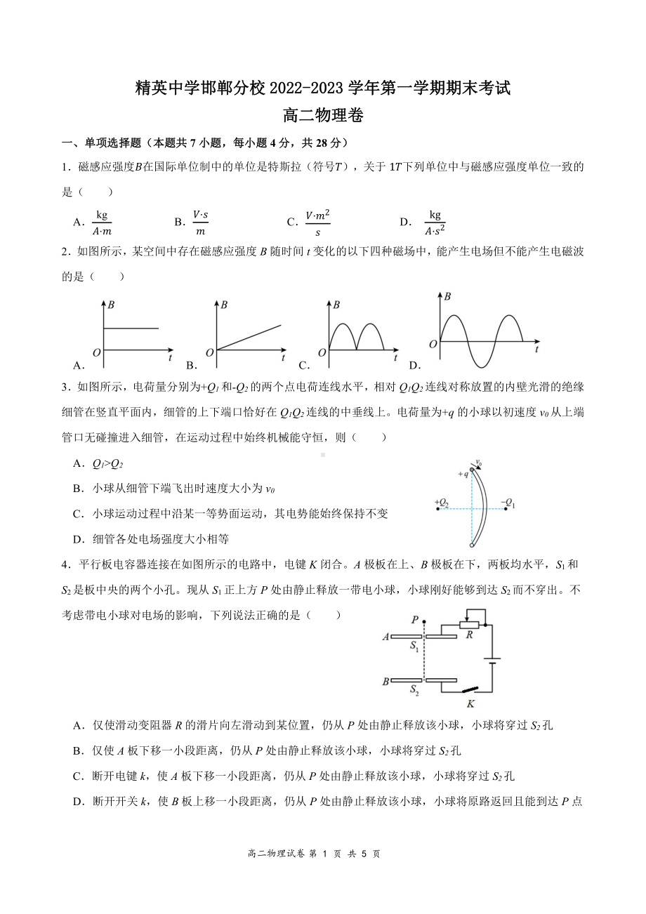 河北省石家庄精英 邯郸分校2022-2023学年高二上学期期末考试物理试题.pdf_第1页