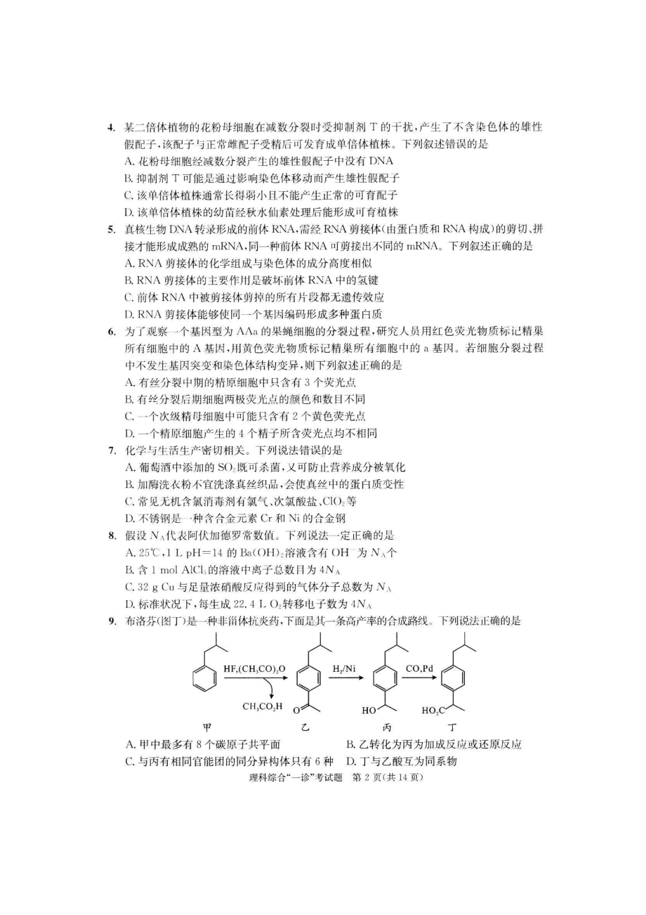 四川省成都市2023届高三第一次诊断性检测理科综合试卷+答案.pdf_第2页