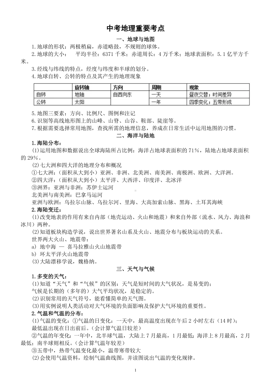 初中地理中考重要考点整理汇总（共6大方面）.docx_第1页