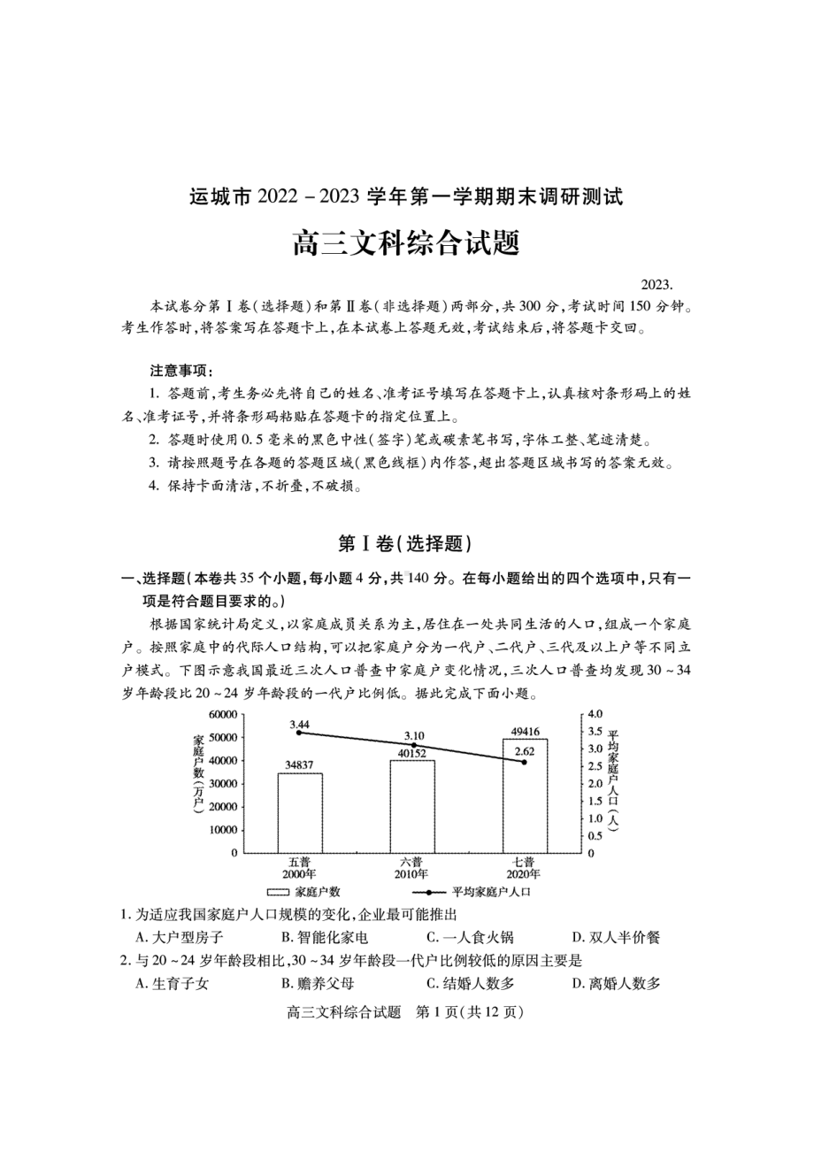 山西省运城吕梁市2023届高三上学期期末调研测试文科综合试卷+答案.pdf_第1页