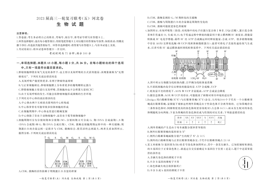 河北省百师联盟一轮复习联考五生物试卷及答案.pdf_第1页