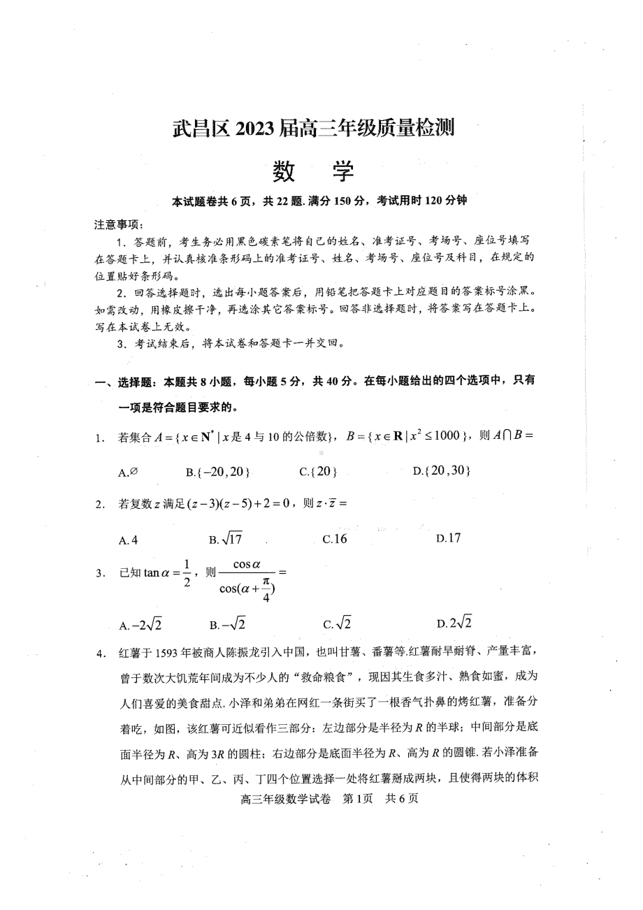 湖北省武汉市武昌区2023届高三元月调考数学试卷及答案.pdf_第1页