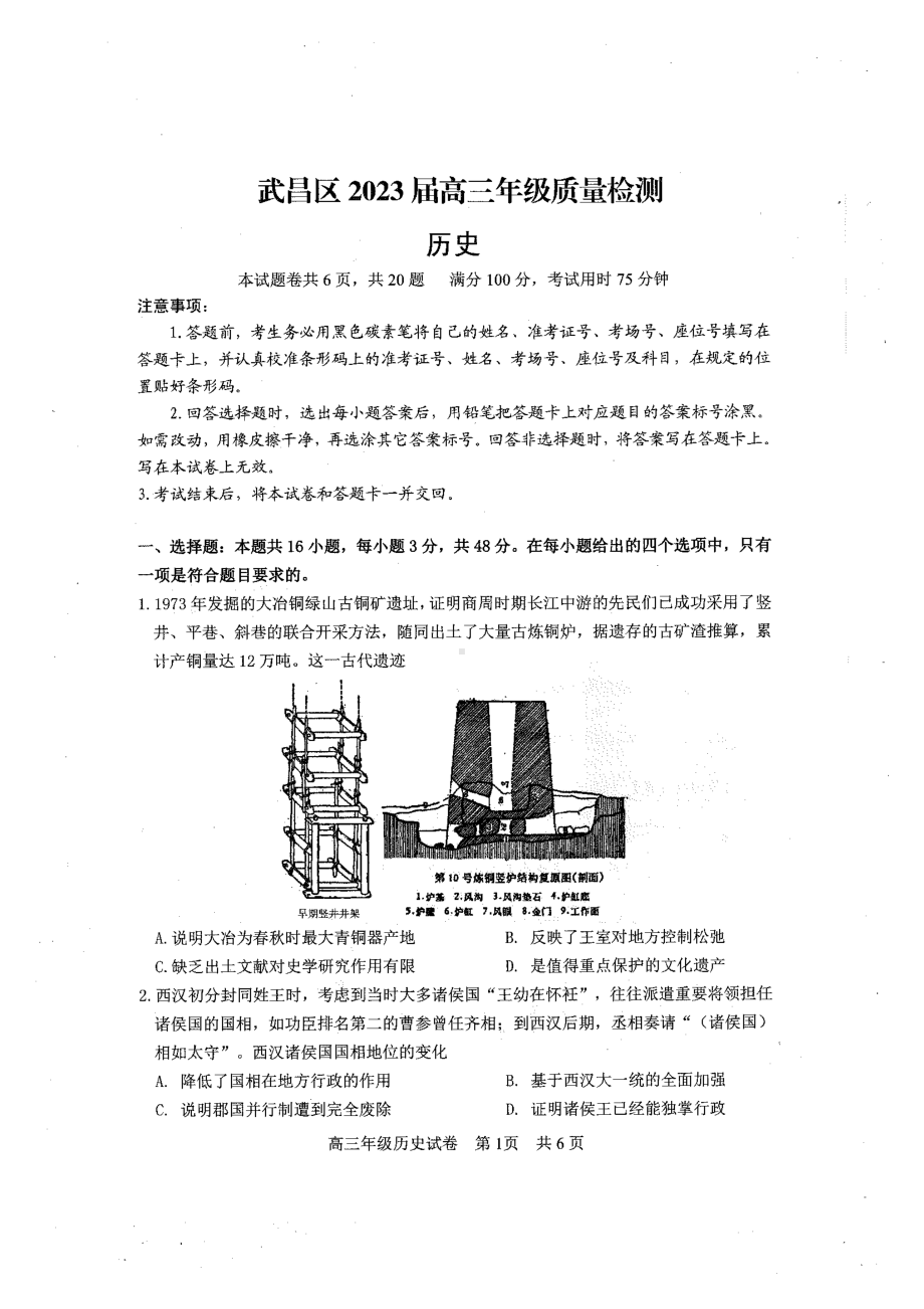 湖北省武汉市武昌区2023届高三元月质量检测历史试卷+答案.pdf_第1页