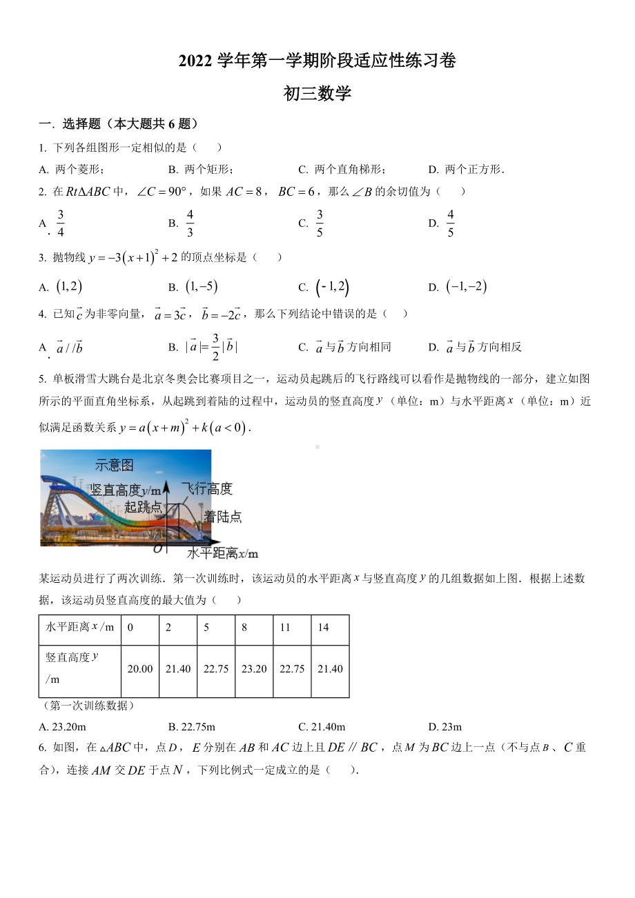 上海市杨浦区2023届九年级初三数学一模试卷+答案.docx_第1页