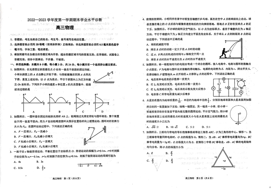 山东省烟台市2023届高三上学期物理期末试卷+答案.pdf_第1页