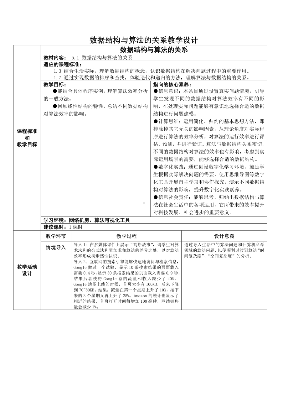 5.1 数据结构与算法的关系 教学设计（表格式）-2023新浙教版《高中信息技术》选择性必修第一册.doc_第1页