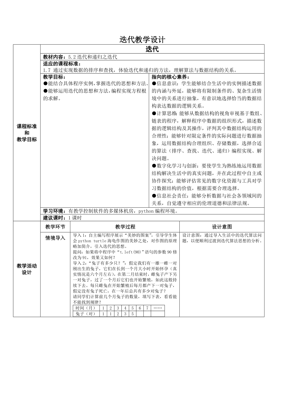 5.2 迭代与递归 教学设计（2课时表格式）-2023新浙教版《高中信息技术》选择性必修第一册.rar