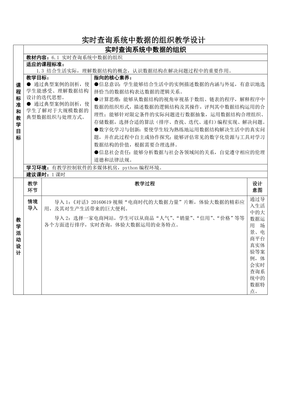 6.1 实时查询系统中数据的组织 教学设计（表格式）-2023新浙教版《高中信息技术》选择性必修第一册.doc_第1页