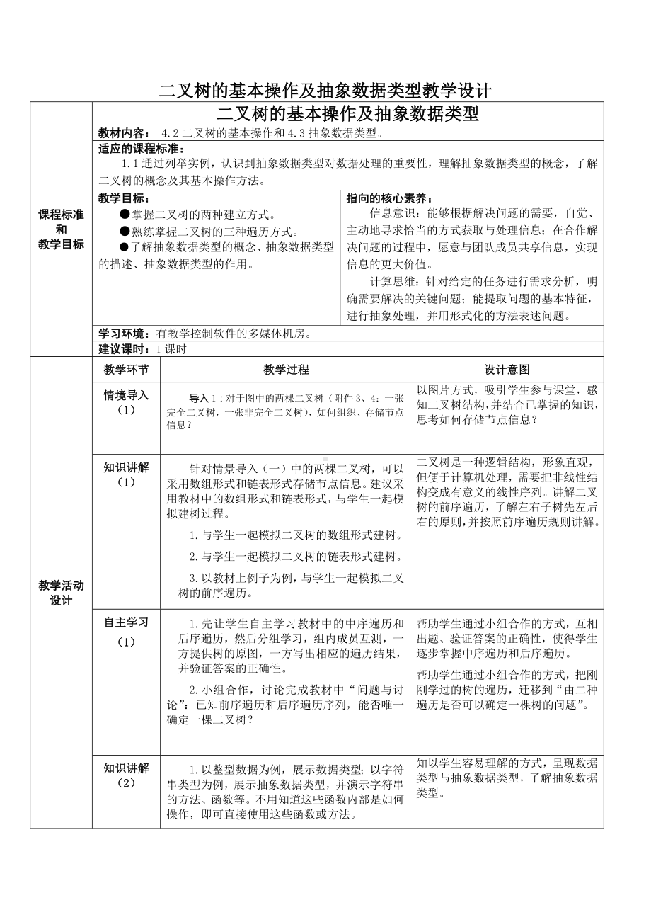 4.2-4.3 二叉树的基本操作及抽象数据类型 教学设计（表格式）-2023新浙教版《高中信息技术》选择性必修第一册.docx_第1页