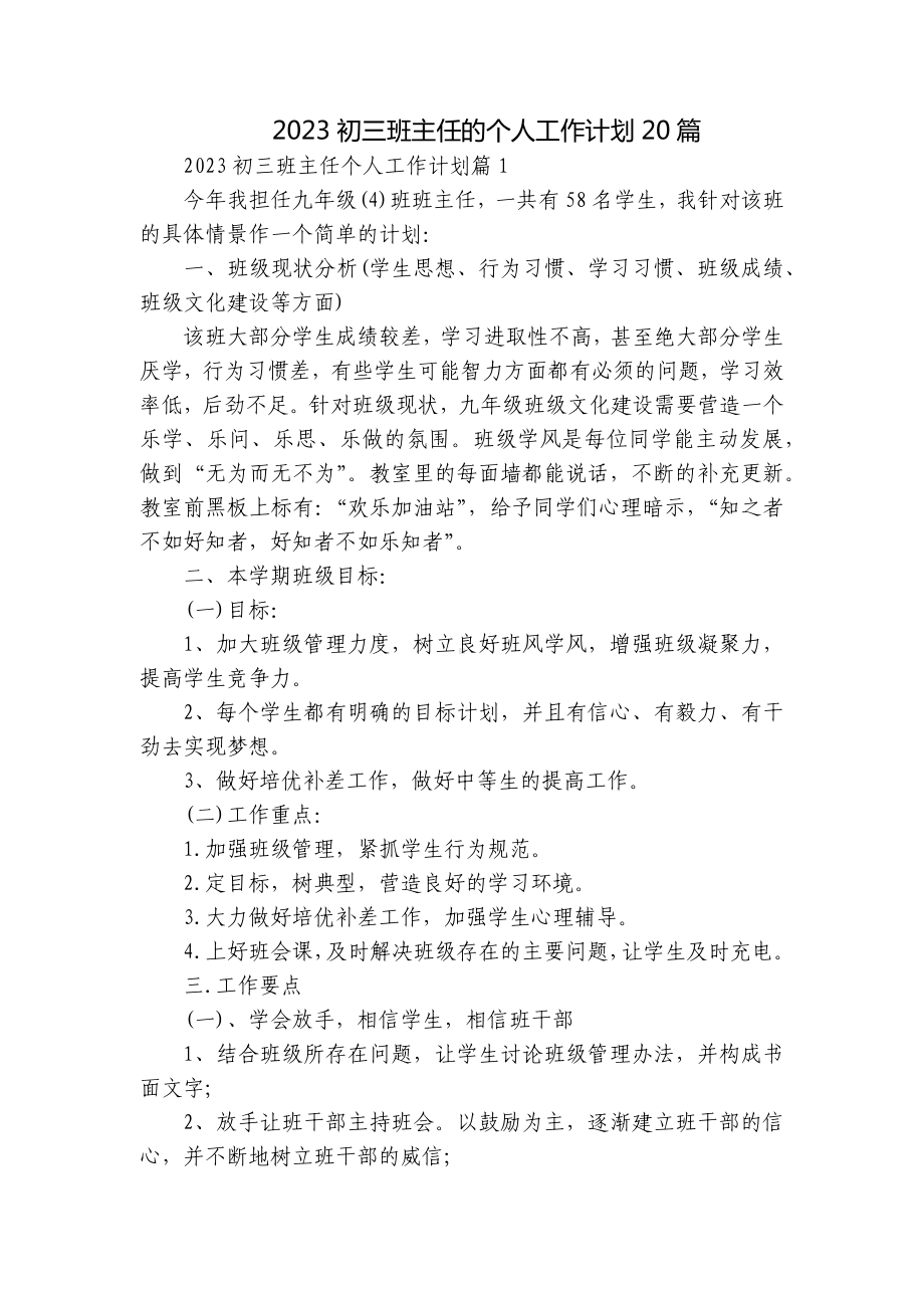 2023初三班主任的个人工作计划20篇.docx_第1页