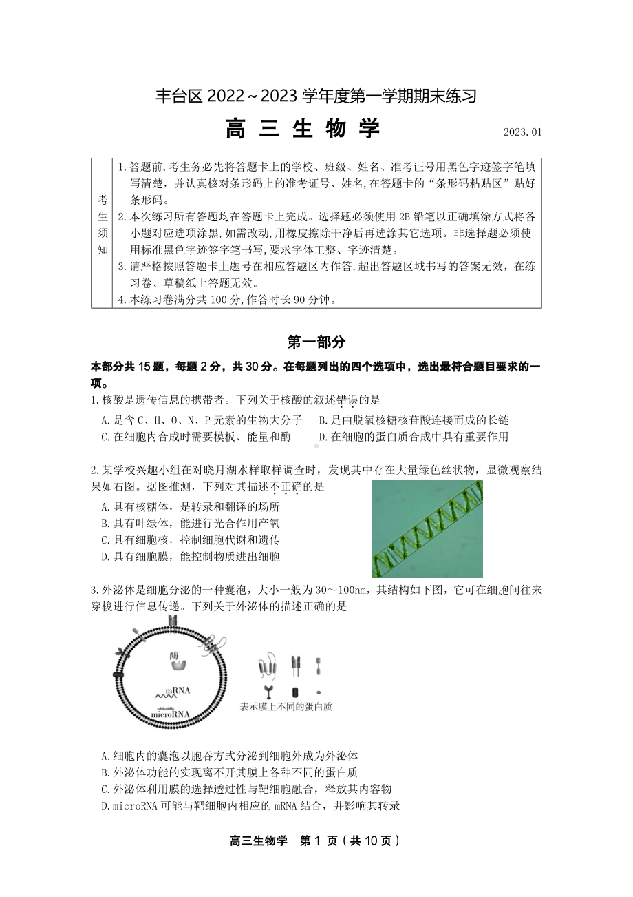 北京市丰台区2023届高三上学期期末生物试卷+答案.pdf_第1页