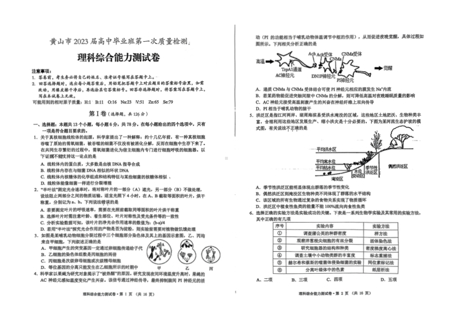 安徽省黄山市2023届高三理科综合一模试卷+答案.pdf_第1页