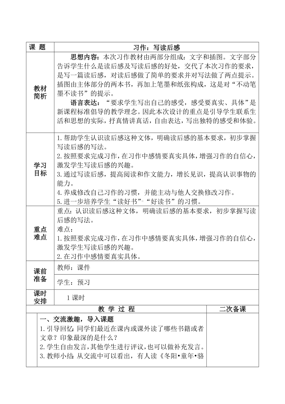 实验小学集体备课部编版五年级语文下册第二单元《习作：写读后感》教案.doc_第1页