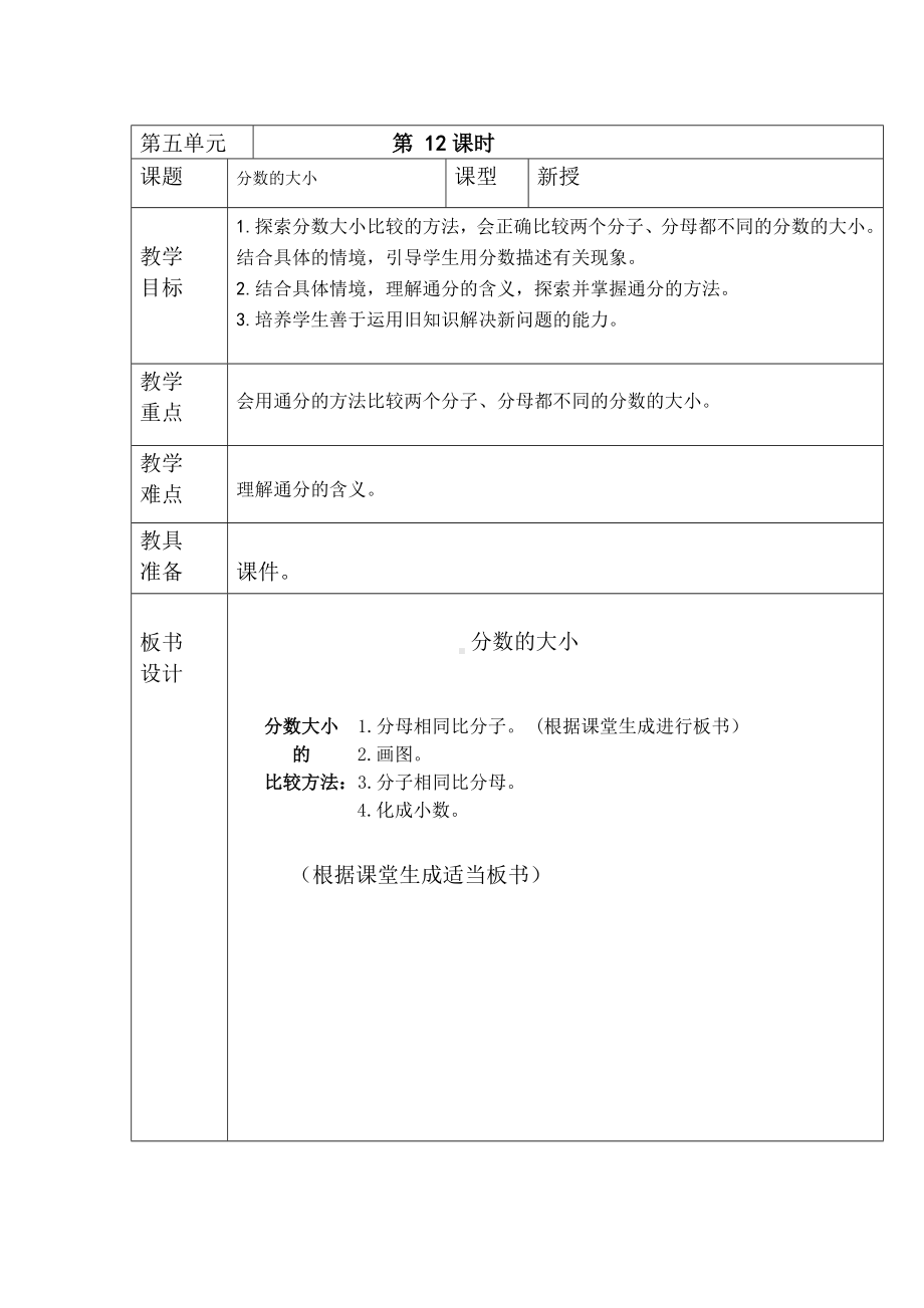 五年级上册数学教案-5.9 分数的大小 ︳北师大版 (2).doc_第1页