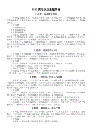 高中语文2023高考作文热点主题素材汇总（20篇主题作文开头、论证、结尾+8大主题40个超好用的作文题记）.doc