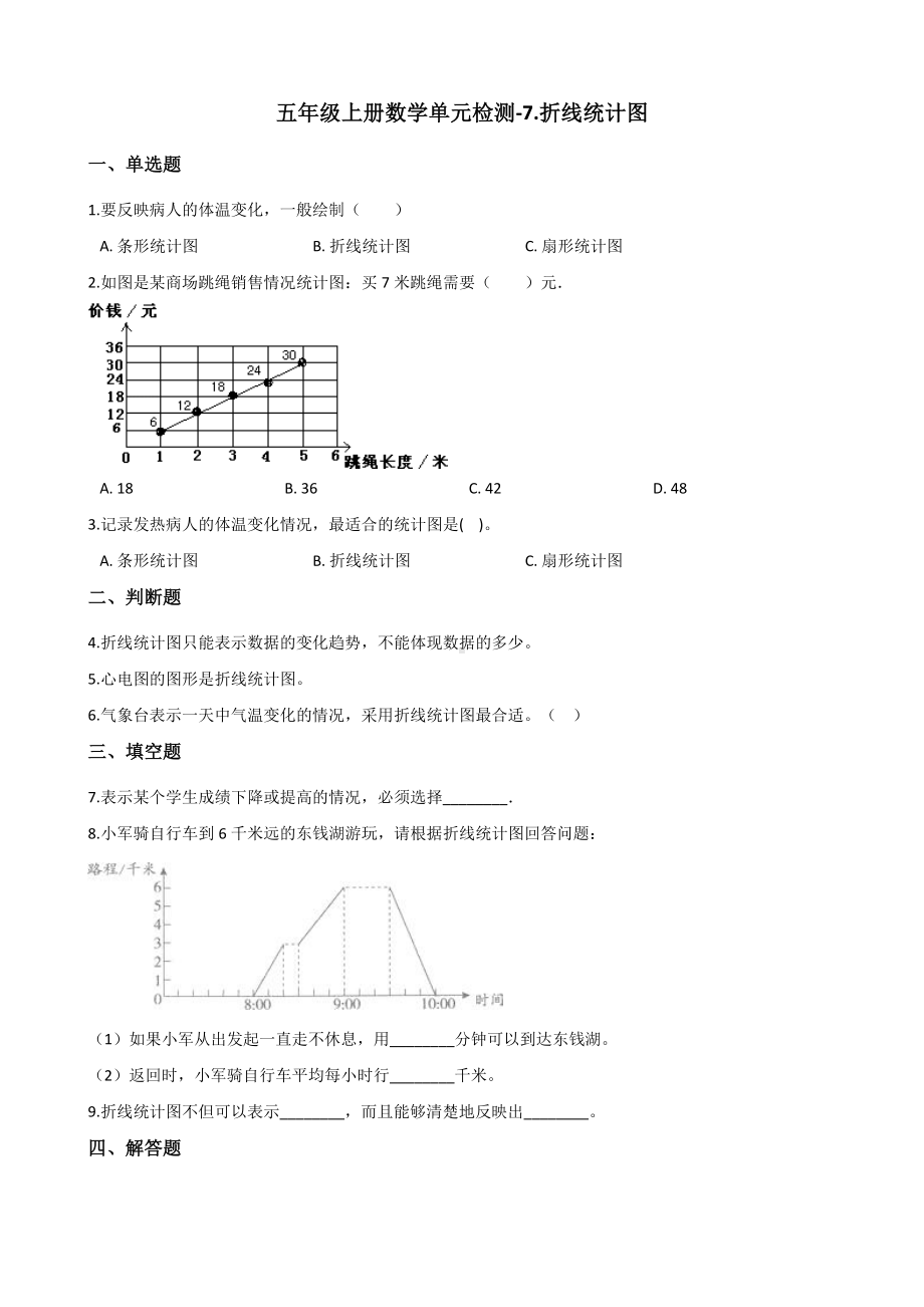 五年级上册数学单元检测-7.折线统计图青岛版 （含解析）.docx_第1页