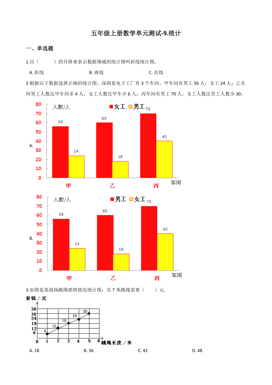 五年级上册数学单元测试-9.统计 青岛版（五四制）（含解析）.docx_第1页