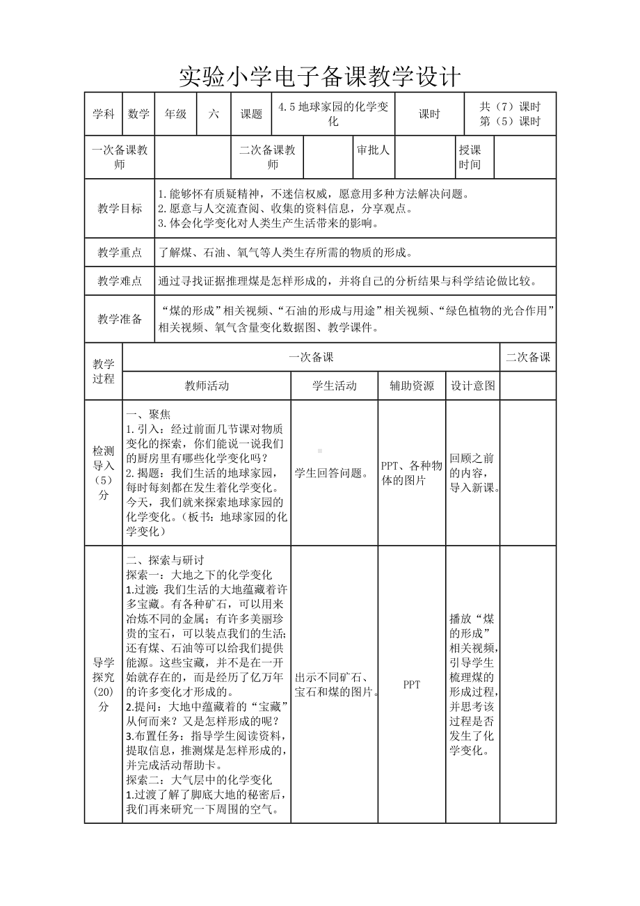 实验小学2022-2023新教科版六年级科学下册4-5《地球家园的化学变化》教案.doc_第1页