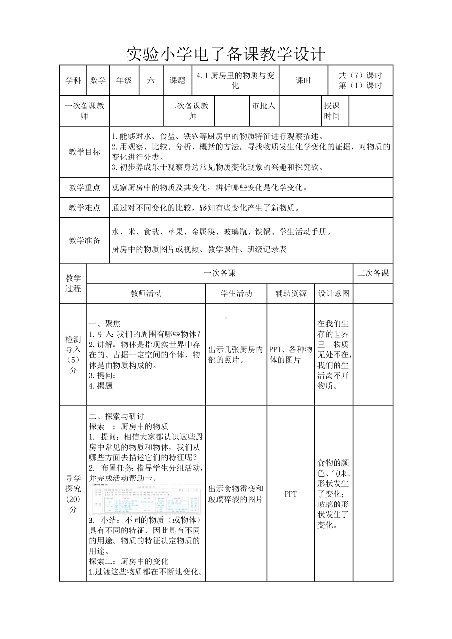 实验小学2022-2023新教科版六年级科学下册4-1《厨房里的物质与变化》教案.doc_第1页