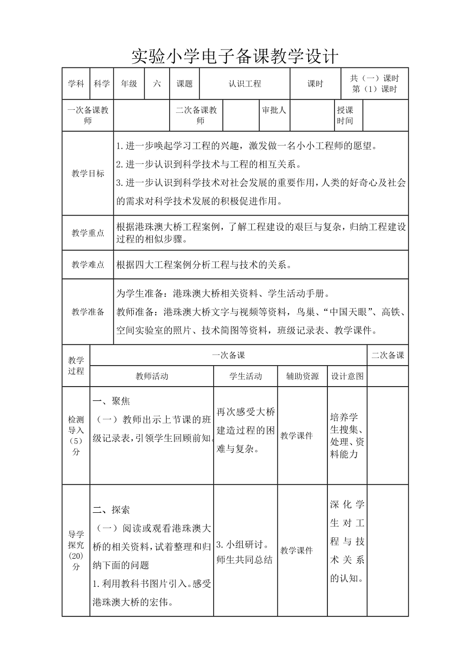 实验小学2022-2023新教科版六年级科学下册1-2《认识工程》教案.doc_第1页