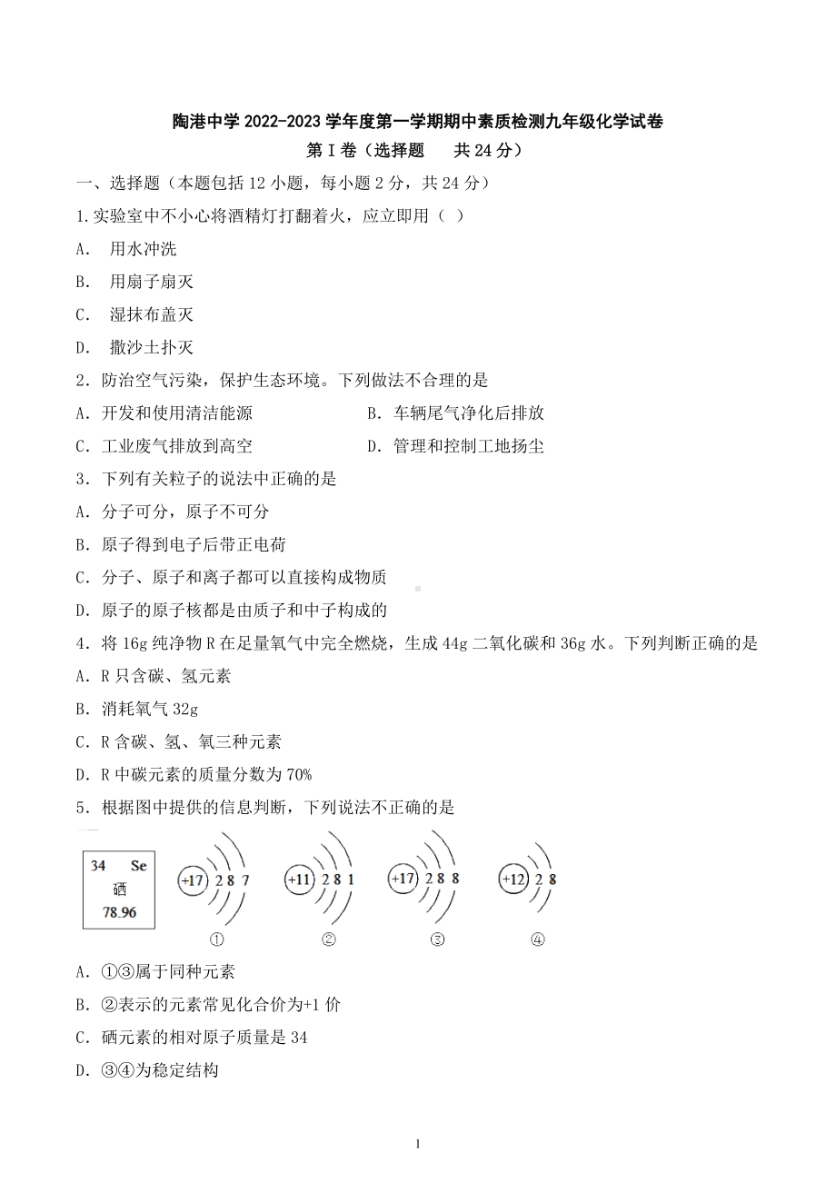 湖北省阳新县陶港中学2022-2023学年度上学期期中素质检测九年级化学试卷.docx_第1页