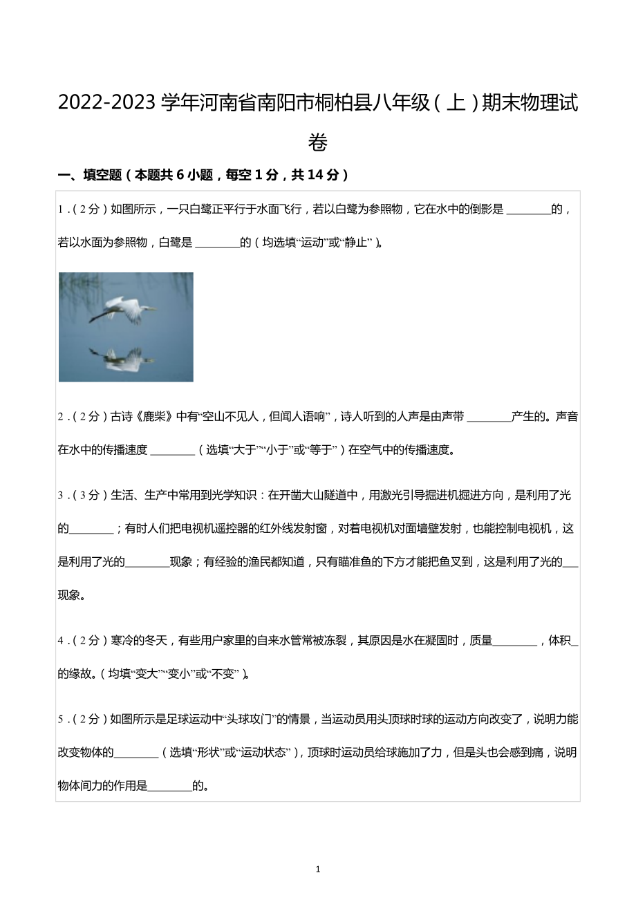 2022-2023学年河南省南阳市桐柏县八年级（上）期末物理试卷.docx_第1页