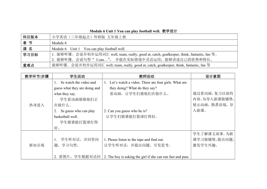 五年级上册英语教案Module 6 Unit 1 You can play football well外研社（三起）.doc_第1页