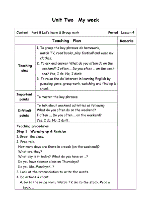 五年级上册英语教案-Unit2 My week-4-人教(PEP).doc