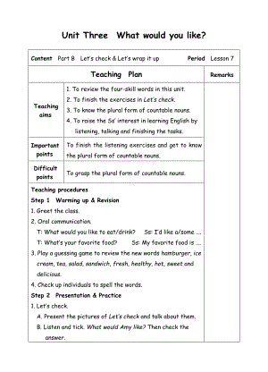 五年级上册英语教案-Unit3 What would you like-7B Let's wrap it up.doc