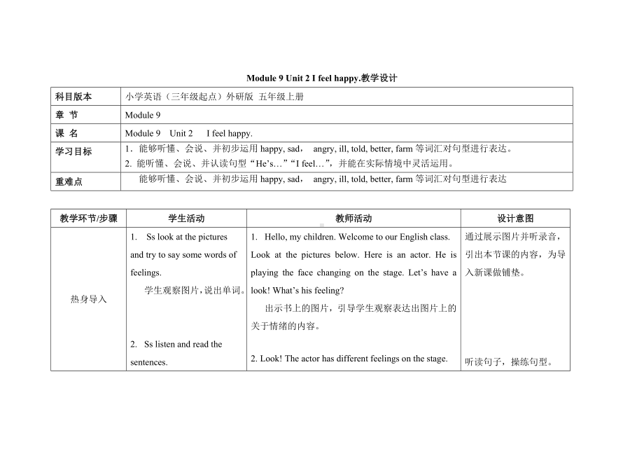 五年级上册英语教案Module 9 Unit 2 I feel happy外研社（三起）.doc_第1页