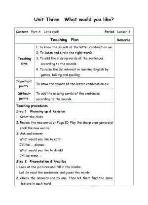 五年级上册英语教案-Unit3 What would you like-3 PA Let's spell-人教(PEP).doc