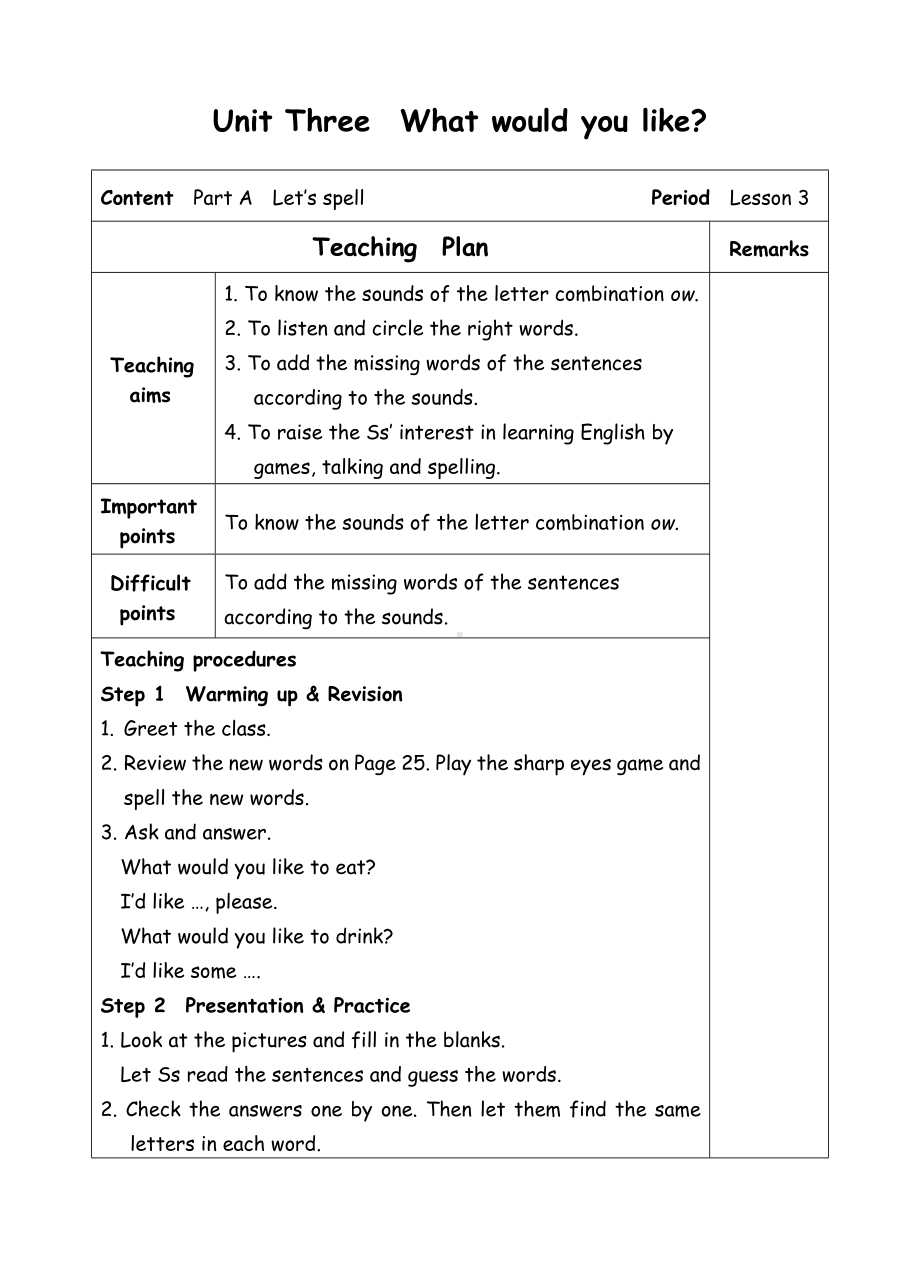 五年级上册英语教案-Unit3 What would you like-3 PA Let's spell-人教(PEP).doc_第1页