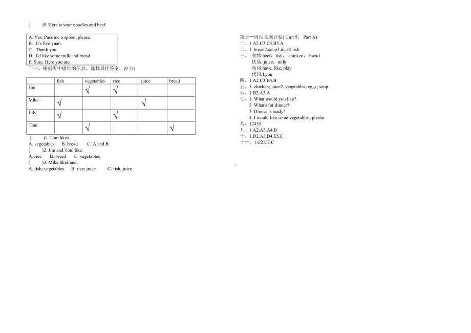 四年级上册英语试题-unit5dinner's ready PPart A检测题人教PEP 秋（含答案）.doc_第2页